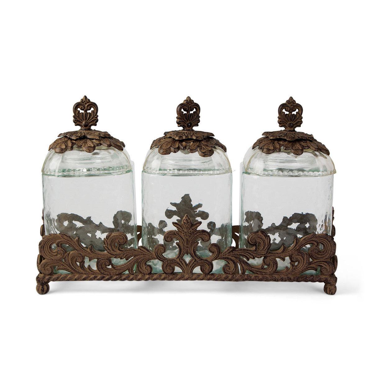 Acanthus Glass Canisters, Set of 3 with Base - Signastyle Boutique
