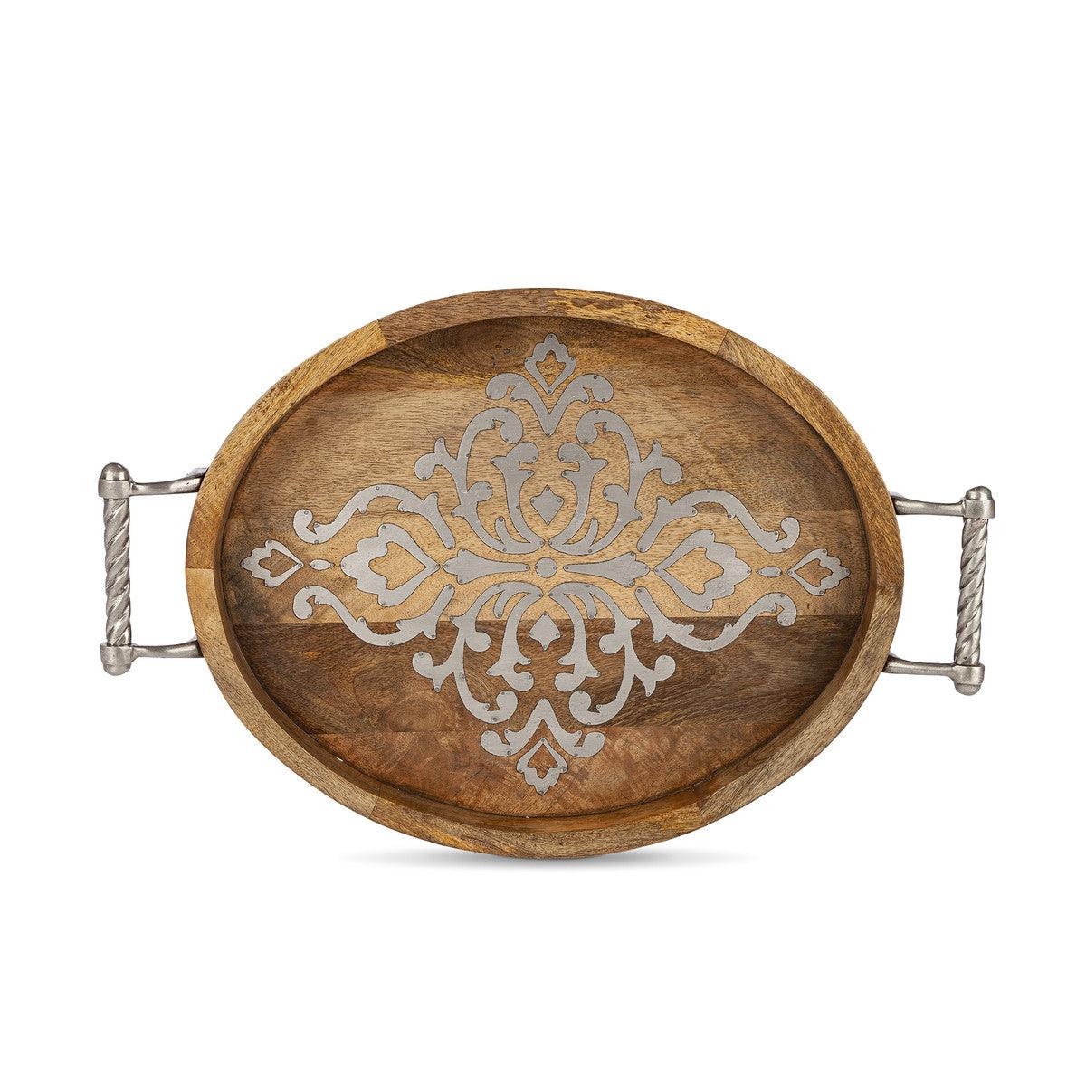 Heritage Inlay Wood Oval Tray with Handles, 20" - Signastyle Boutique