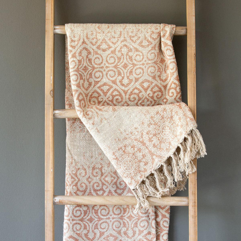 Vintage Printed Linen Throw, Faded Coral-Textiles-Rustic Barn Boutique