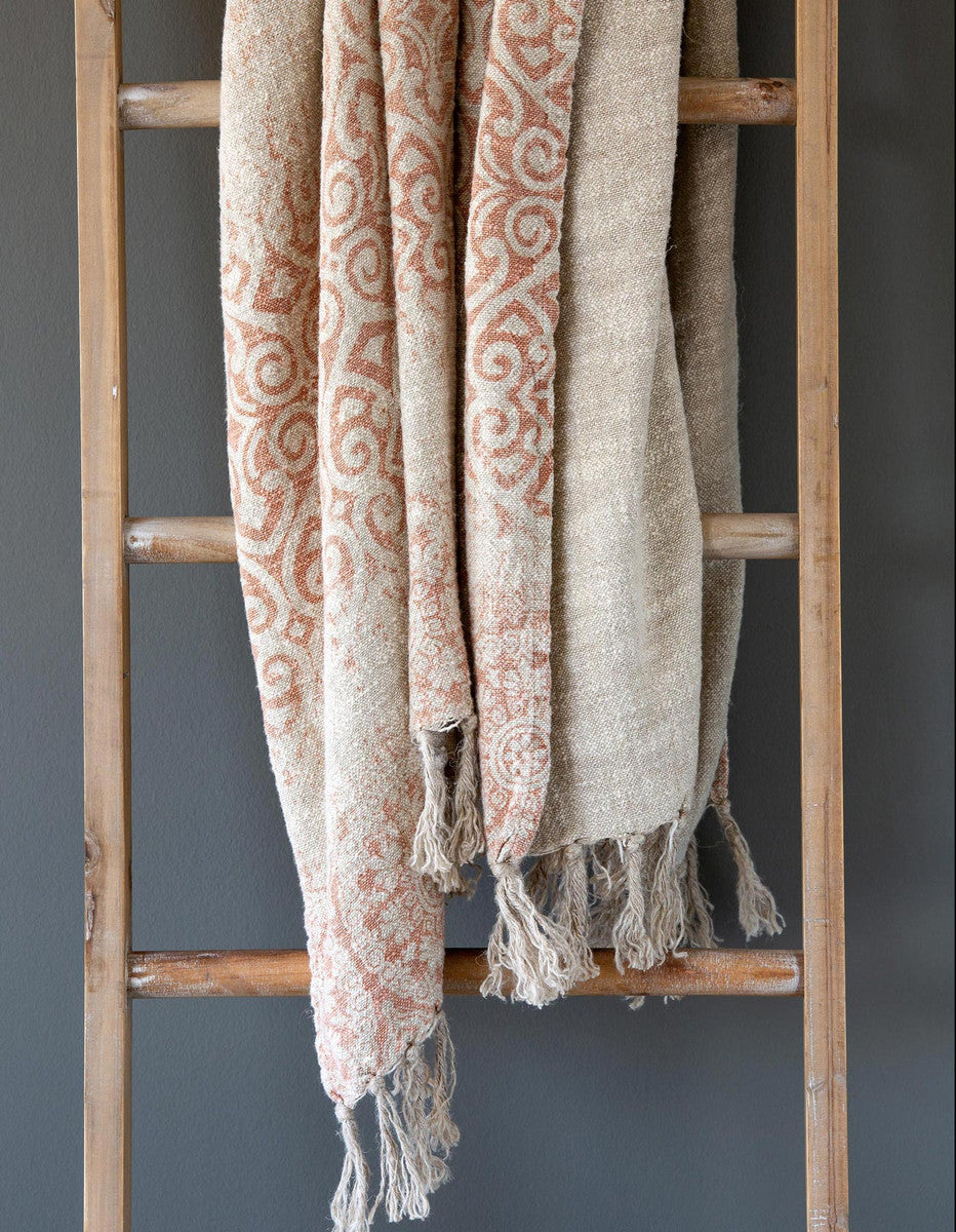 Vintage Printed Linen Throw, Faded Coral-Pillows & Throws-Rustic Barn Boutique