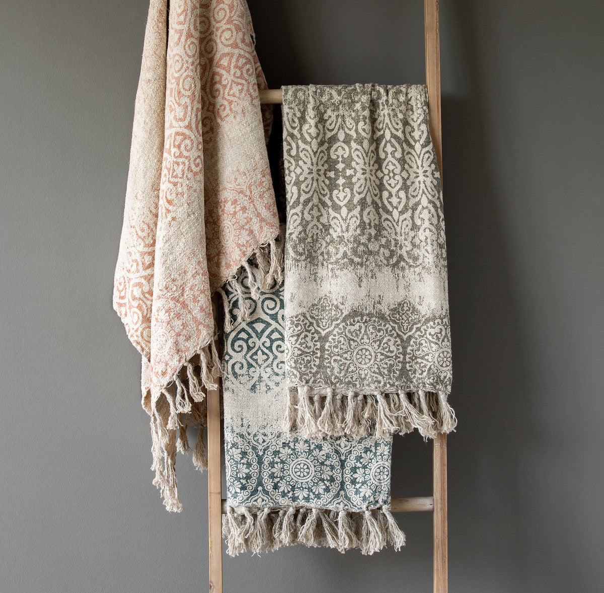 Vintage Printed Linen Throw, Faded Coral-Pillows & Throws-Rustic Barn Boutique