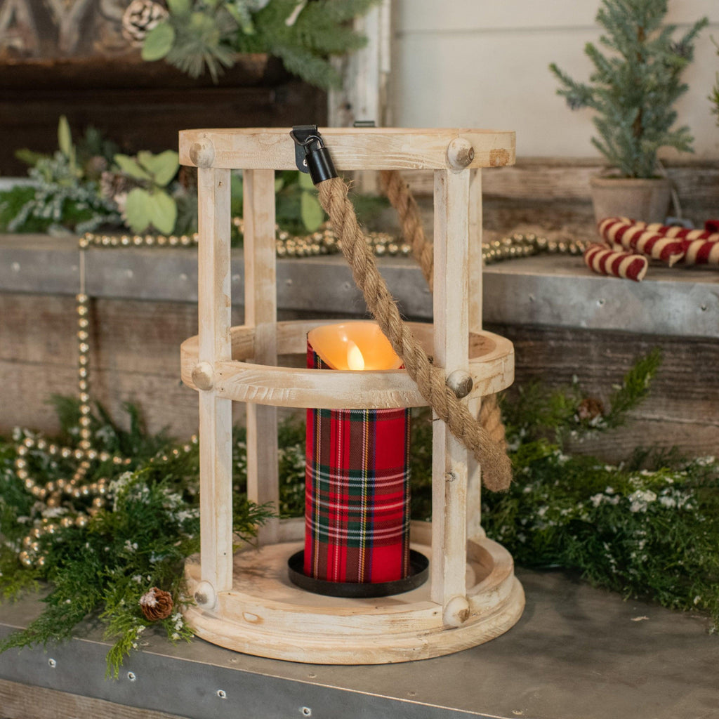 14" Whitewash Round Lantern with Rope Handle-Candle Holders & Lanterns-Rustic Barn Boutique
