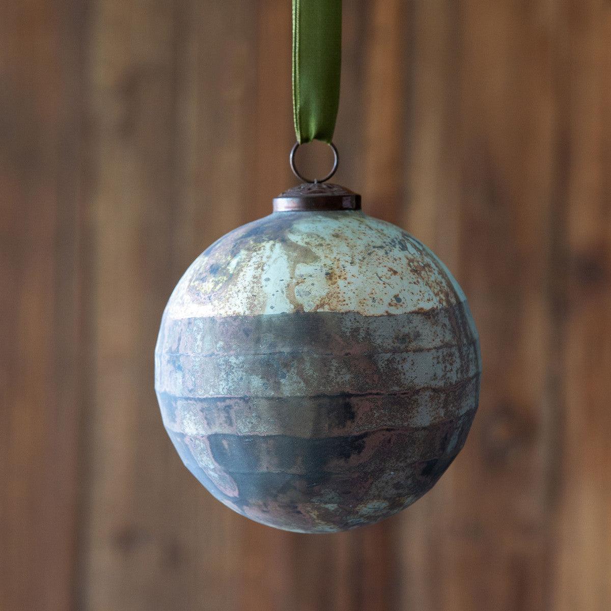 Grated Pattern Glass Ball Ornament, Matte Turquoise, Large - Signastyle Boutique