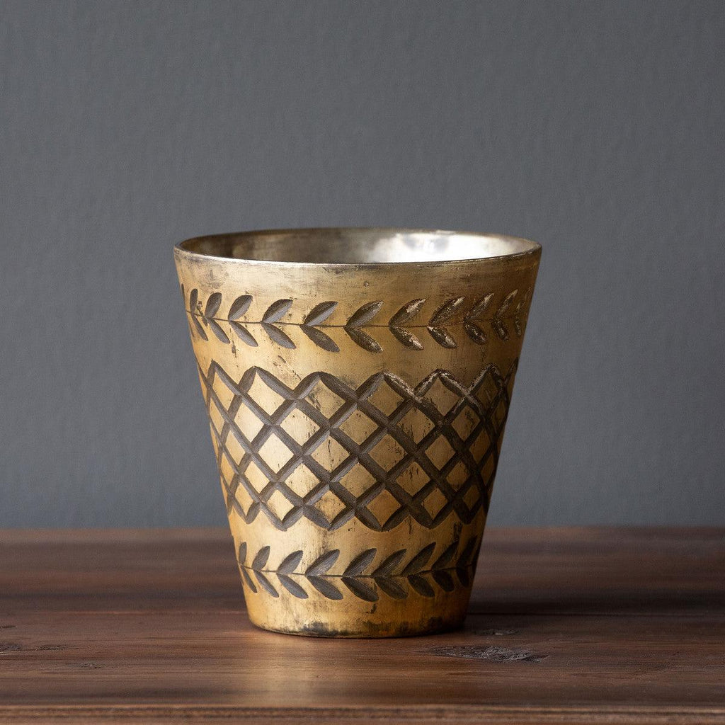 Antique Gold Cross Pattern Mercury Glass Vase, Medium-Containers-Rustic Barn Boutique