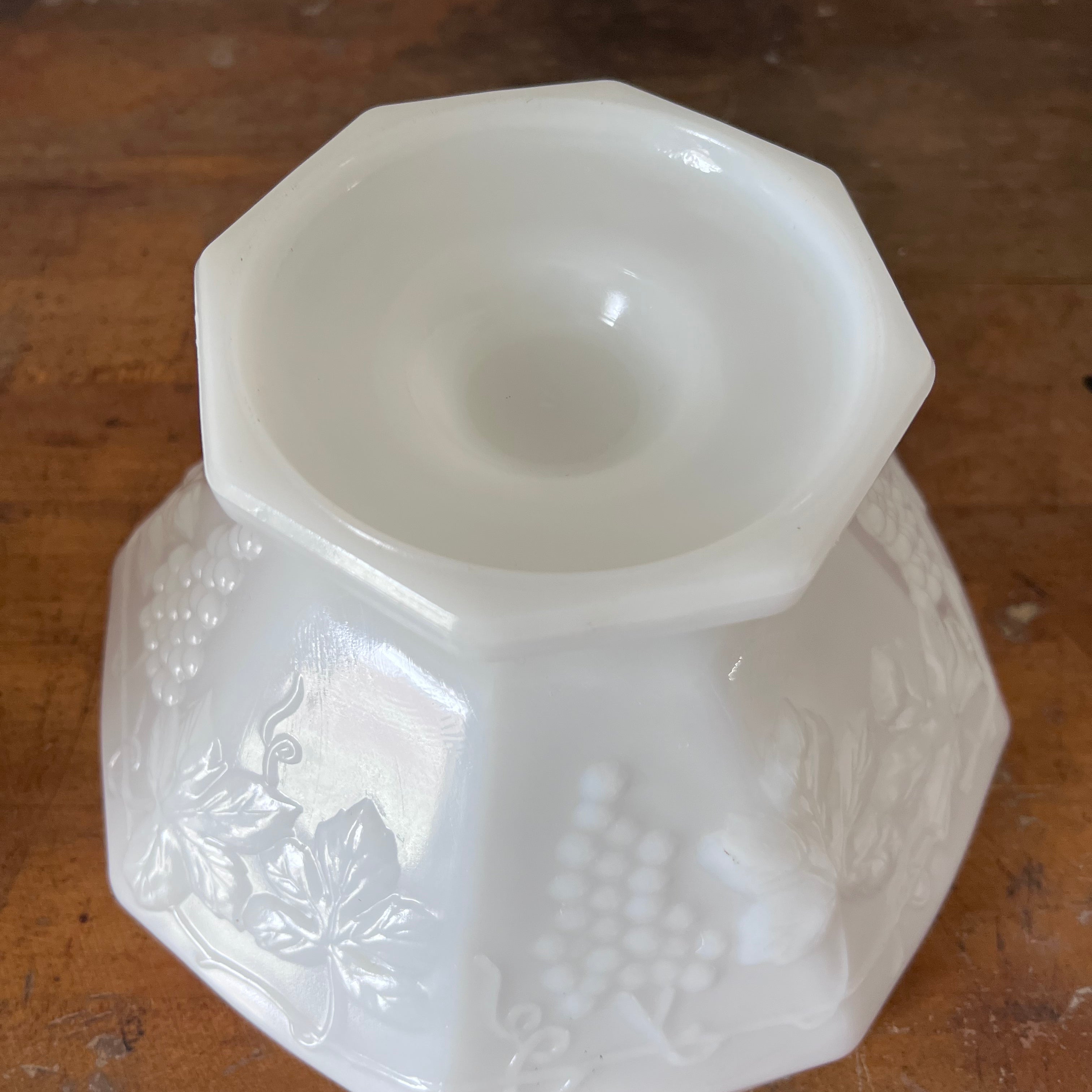 Vintage White Milk Glass Pedestal Fruit Bowl with Grape Vine Design - Signastyle Boutique