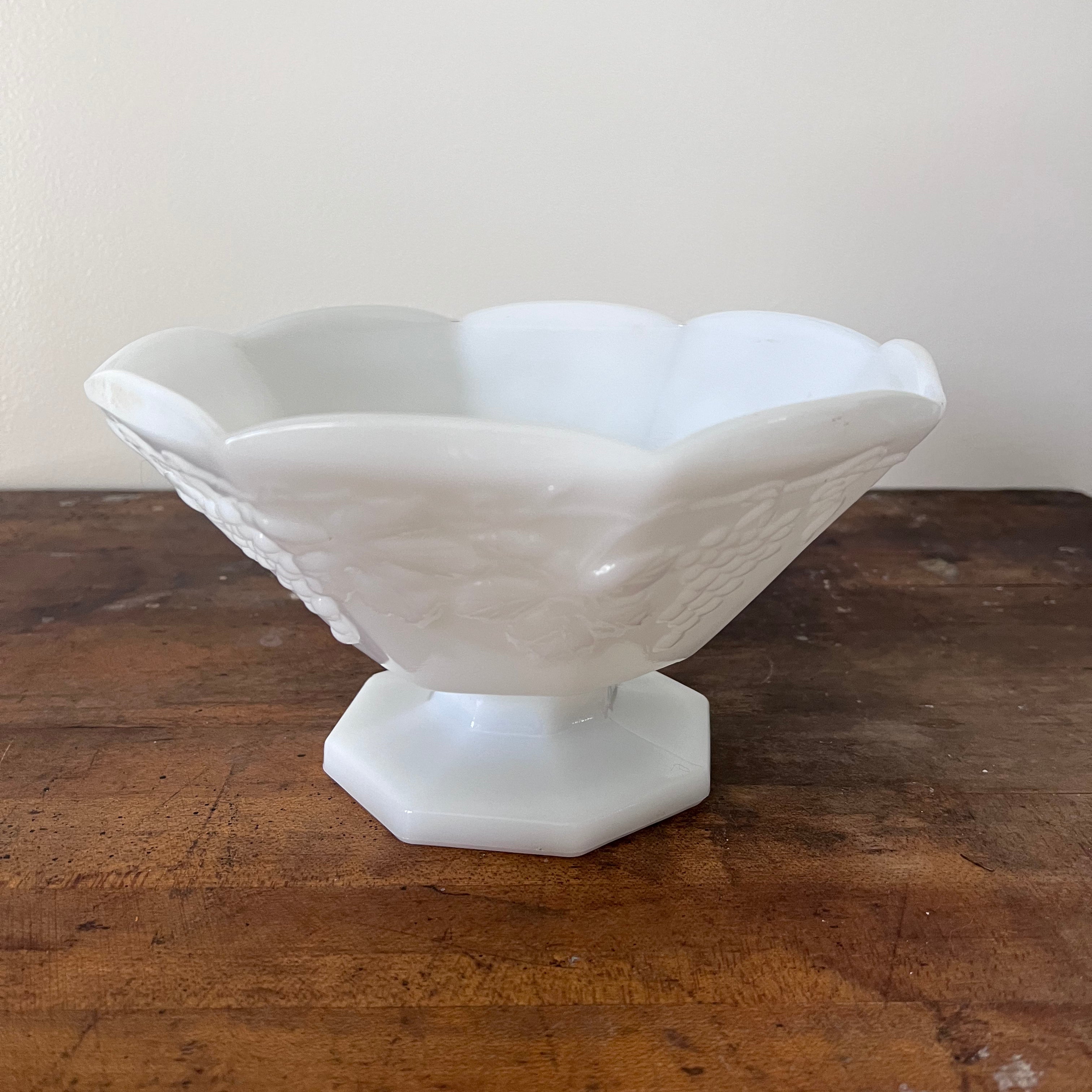Vintage White Milk Glass Pedestal Fruit Bowl with Grape Vine Design - Signastyle Boutique
