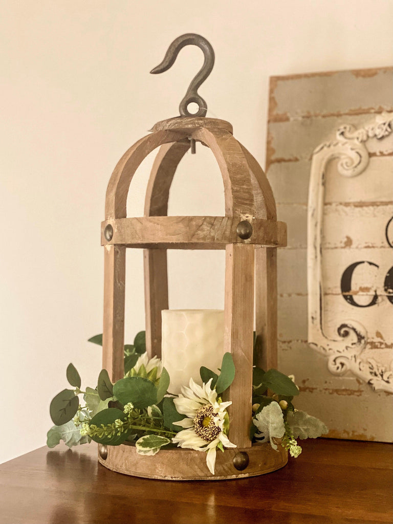 17" Wood Round Lantern with Hook Hanger-Candle Holders & Lanterns-Rustic Barn Boutique