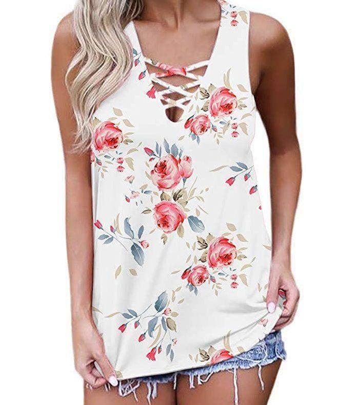White Patterned Criss Cross Sleeveless Top-Apparel-Rustic Barn Boutique